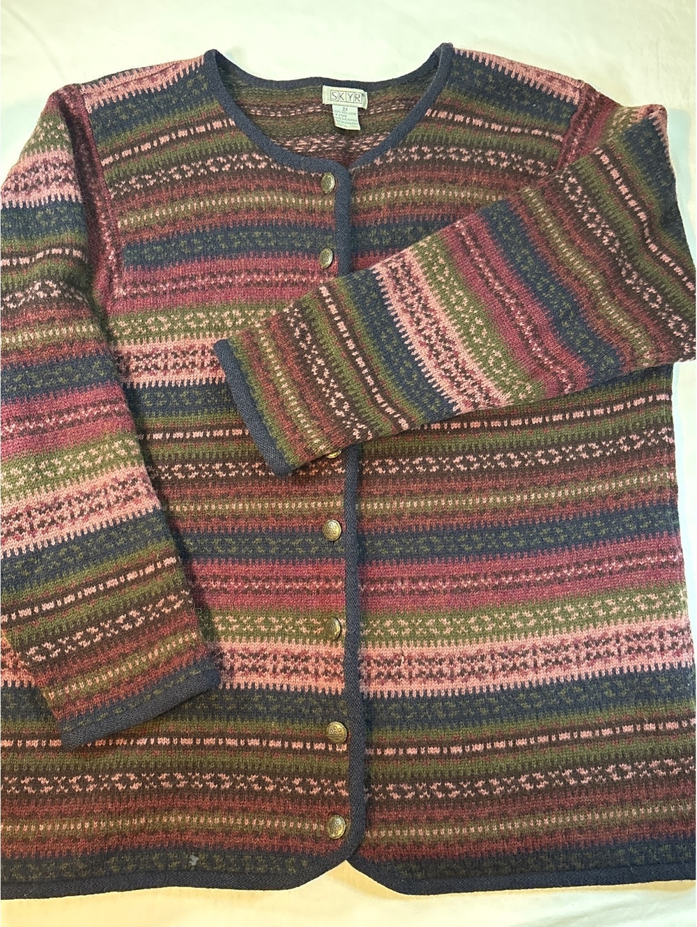 Vintage SKYR 2X 100% Wool Fair Isle Cardigan Sweater Made in Hong Kong